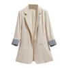 Women Autumn 3/4 Sleeve Lapel Button Slim Blazer Coat Striped Cuff Office Jacket