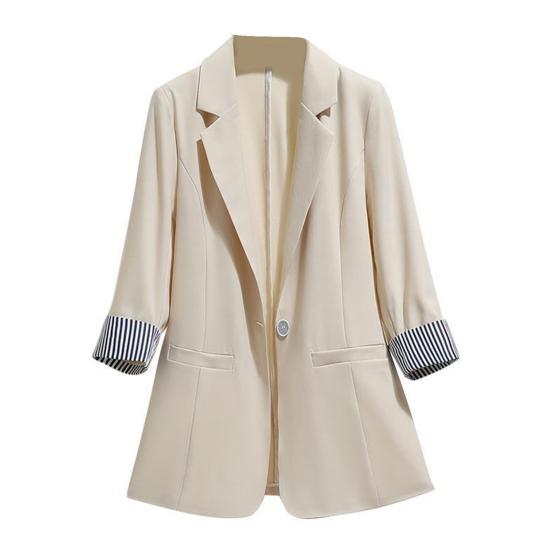 Women Autumn 3/4 Sleeve Lapel Button Slim Blazer Coat Striped Cuff Office Jacket