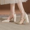 Thick Heel Pointed Hollow Pearl One-word Buckle High Heels High Heels Wedding Shoes Versatile Small Size Shallow Mouth Single Shoes Bridesmaid Shoes