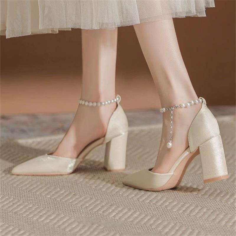 Thick Heel Pointed Hollow Pearl One-word Buckle High Heels High Heels Wedding Shoes Versatile Small Size Shallow Mouth Single Shoes Bridesmaid Shoes