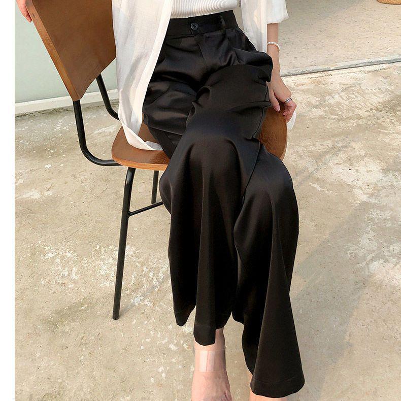 Women's Slimming Satin Wide-Leg Pants – Versatile Black Silk Acetate Draping Long Pants