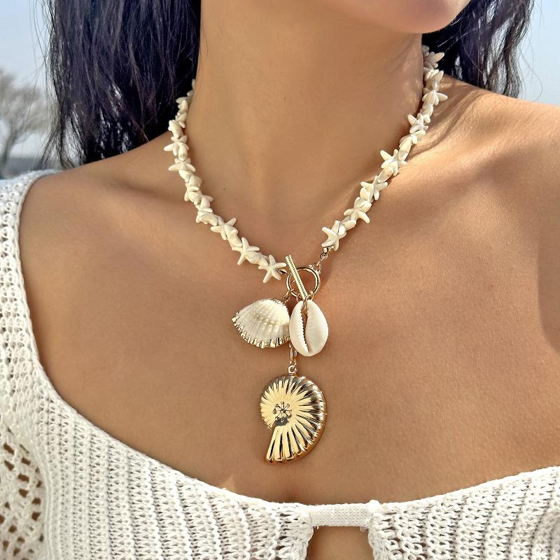 Boucles d'oreilles à franges en coquillages irréguliers style bohème Collier avec pendentif étoile de mer en perle d'imitation Ensemble de bijoux pour femme Style vacances à la plageb