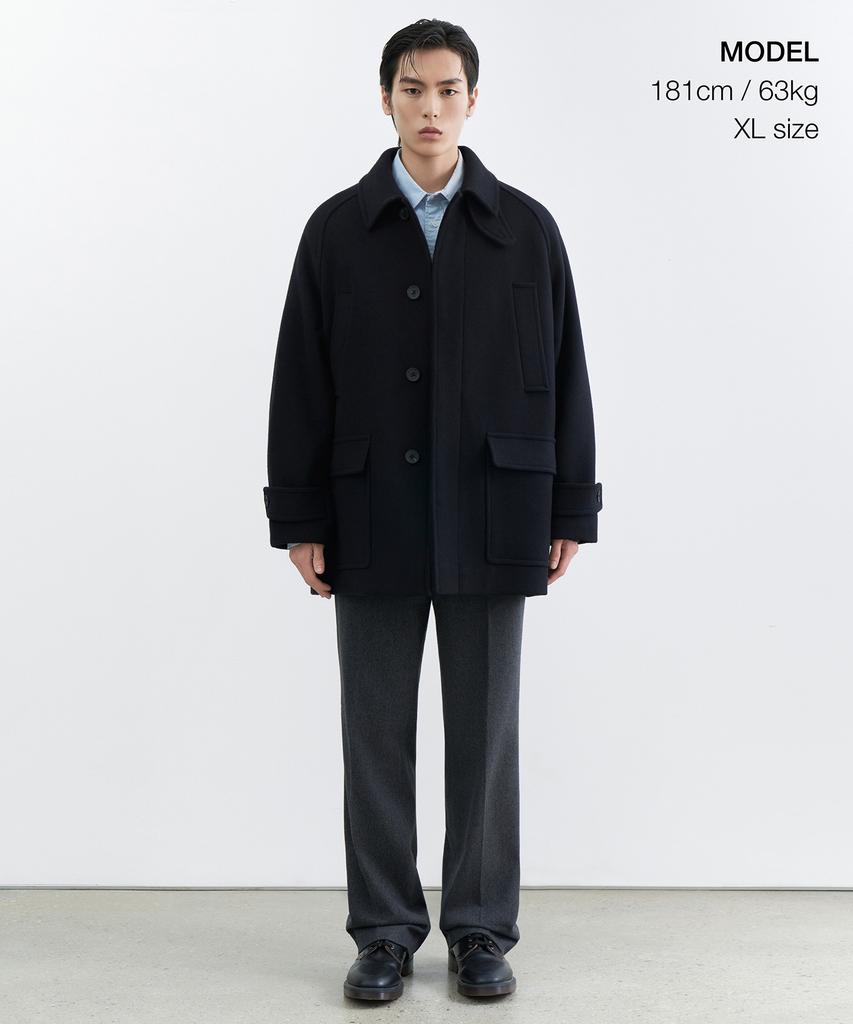 Musinsa Standard Wool Blend Oversized Muff Pocket Half Balmacaan Coat [Navy]
