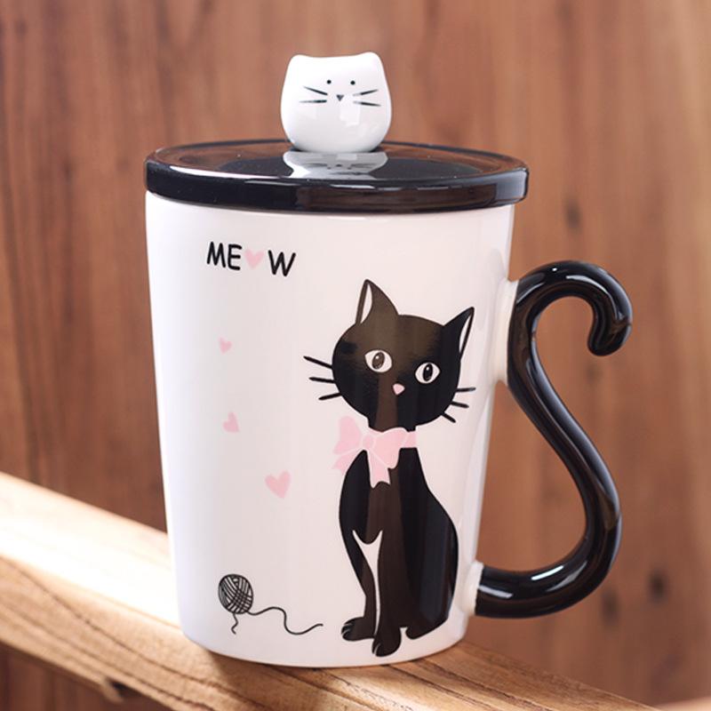 Personalized Cartoon Cat White Porcelain Handle I Ceramic Cup with Lid Office Coffee Cup Creative Student Milk Drinking Water Cup