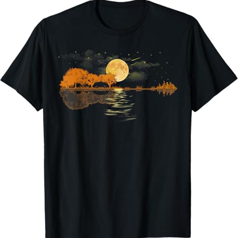 Guitar Lake Reflections Moon T Shirt Acoustic Guitar Lake Scene S