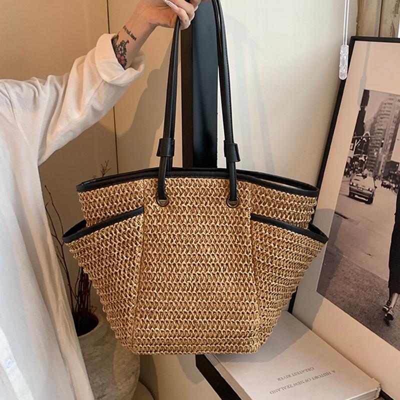 Multi Pockets Summer Beach Straw Shoulder Bag For Women Mesh Durable Travel Handbag Large Capacity Hollow Out Bucket Tote Bag