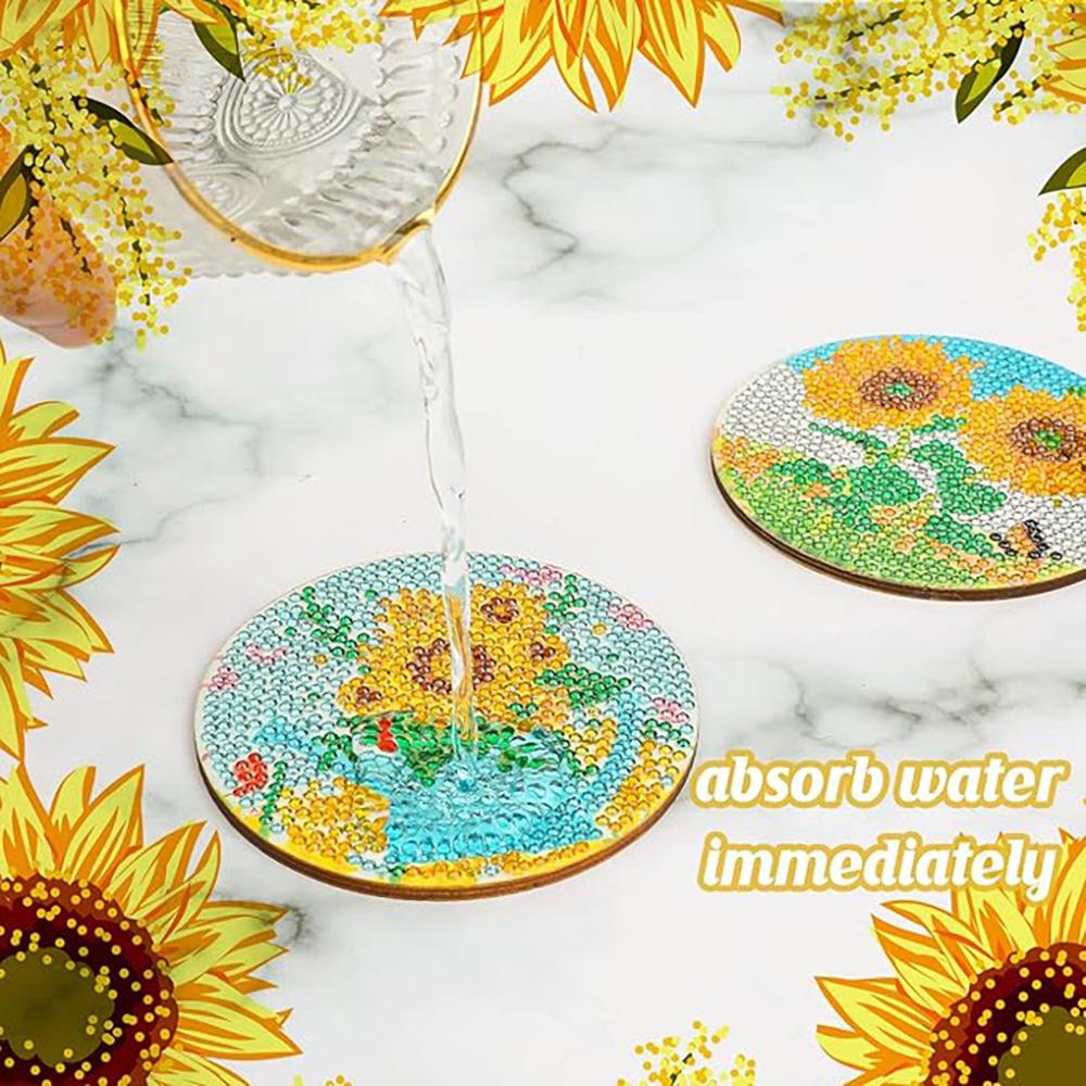8 Pieces/set of Diamond Sunflower Patterned Coasters, DIY Coasters with Holder, Suitable for Beginners and Adults, Art and Craft Supplies Gifts