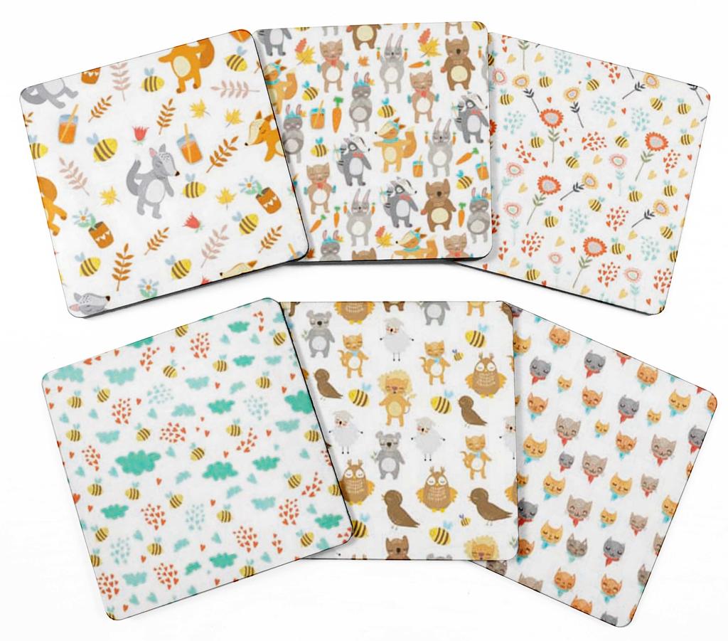 Inkdotpot Set of 6 Drink Coasters Decorative Non,Slip Cork Base 4-inch Square Printed Coasters Easy Clean
