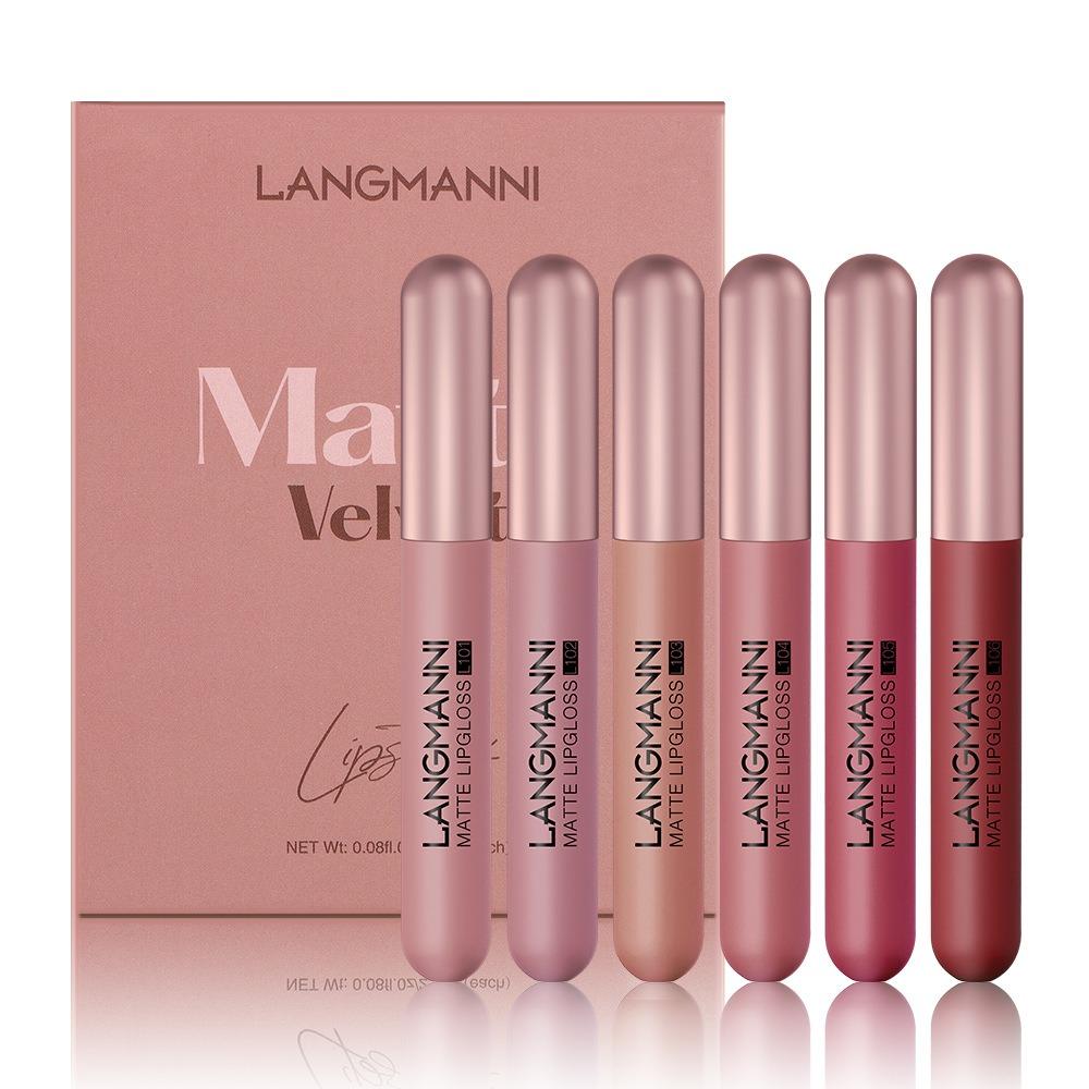 Langmanni New Matte Velvet Mist Lip Gloss Set 6 Lip Glaze Red Suits