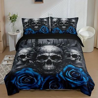 Housse de couette imprimée tête de mort rose bleue tendance, ensemble de literie doux et confortable pour la chambre à coucher (1*Housse de couette+2*Taie d'oreiller) Pour Halloween