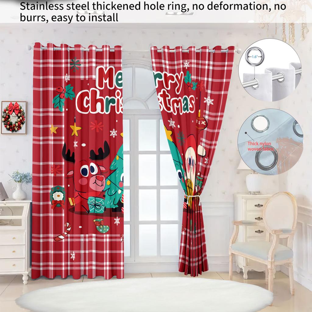 2pcs Christmas Snowman Checkered Print Blackout Curtains Multi Size Living Room Insulation Holiday Decoration Easy Installation