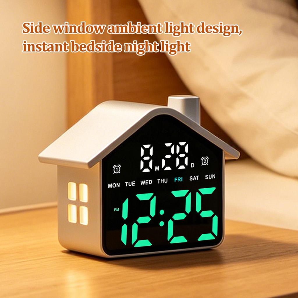 LED House Shape Digital Alarm Clock with Night Light Multi-Functional House Clocks Brightness Adjustment for Bedroom Living Room
