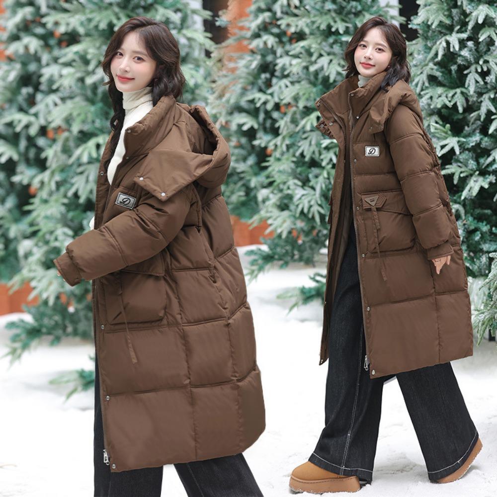 

Новое длинное свободное пуховое хлопковое пальто корейской версии для женщин, длинная утепленная хлопковая куртка с капюшоном для студенток XXL (150-85 kg) кофейный