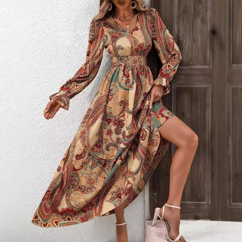Women's Long-sleeved V-neck Waist Plus Size Printed Dress
