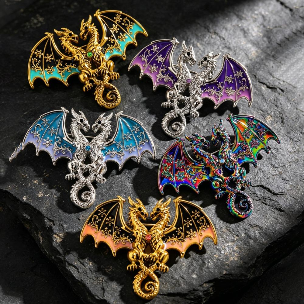 Gothic Fantasy Colorful Enamel Wings Lapel Pin Twin Winged Dragon Brooches for Women Men Game Cosplay Suit Coat Decor Jewelry