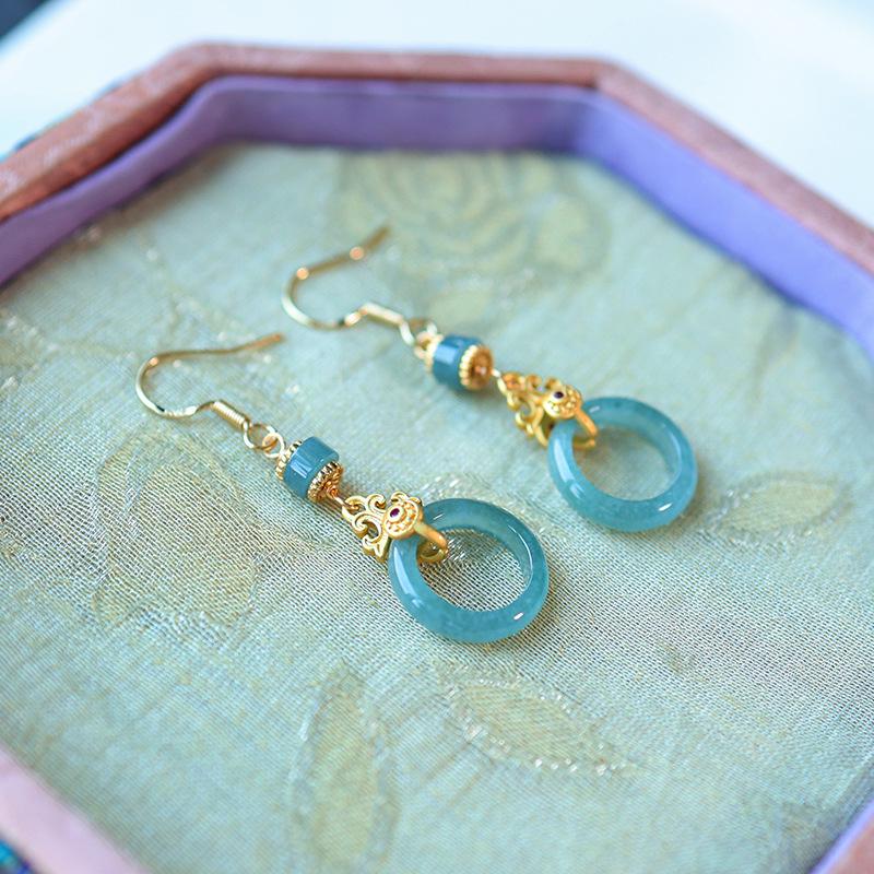 14K Gold Plated Natural Jade Blue Water Barrel Bead Earrings