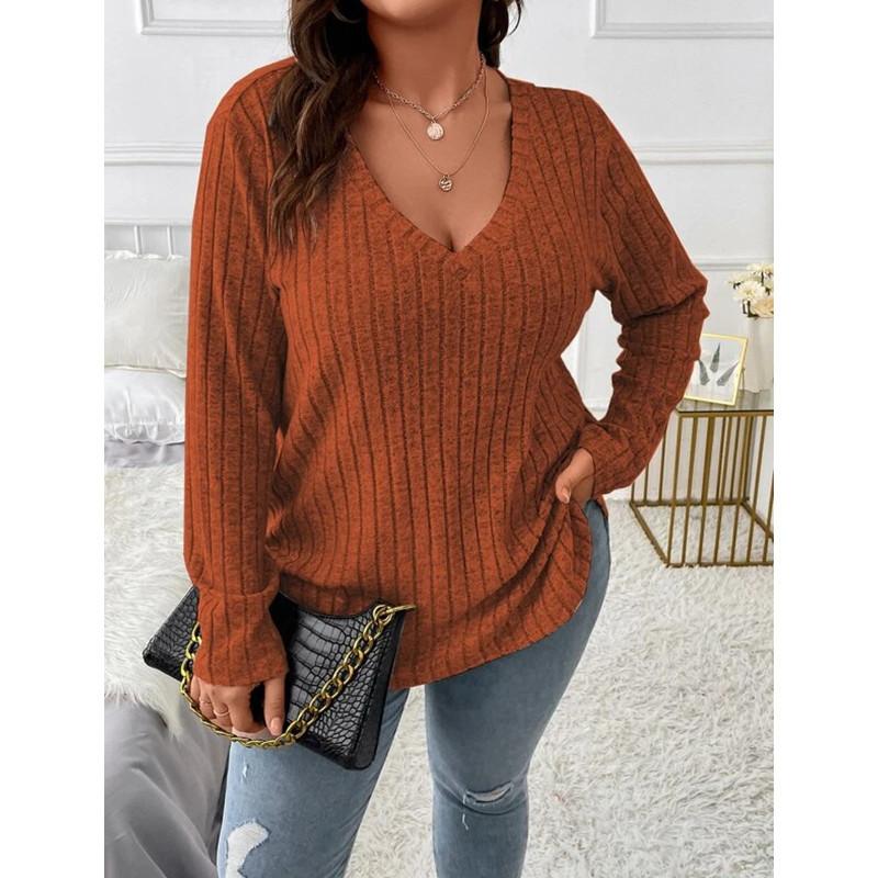 Podzimní a zimní jednobarevný top s výstřihem do V a dlouhým rukávem s žebrováním, česaný, volný pulovr plus size dámská trička