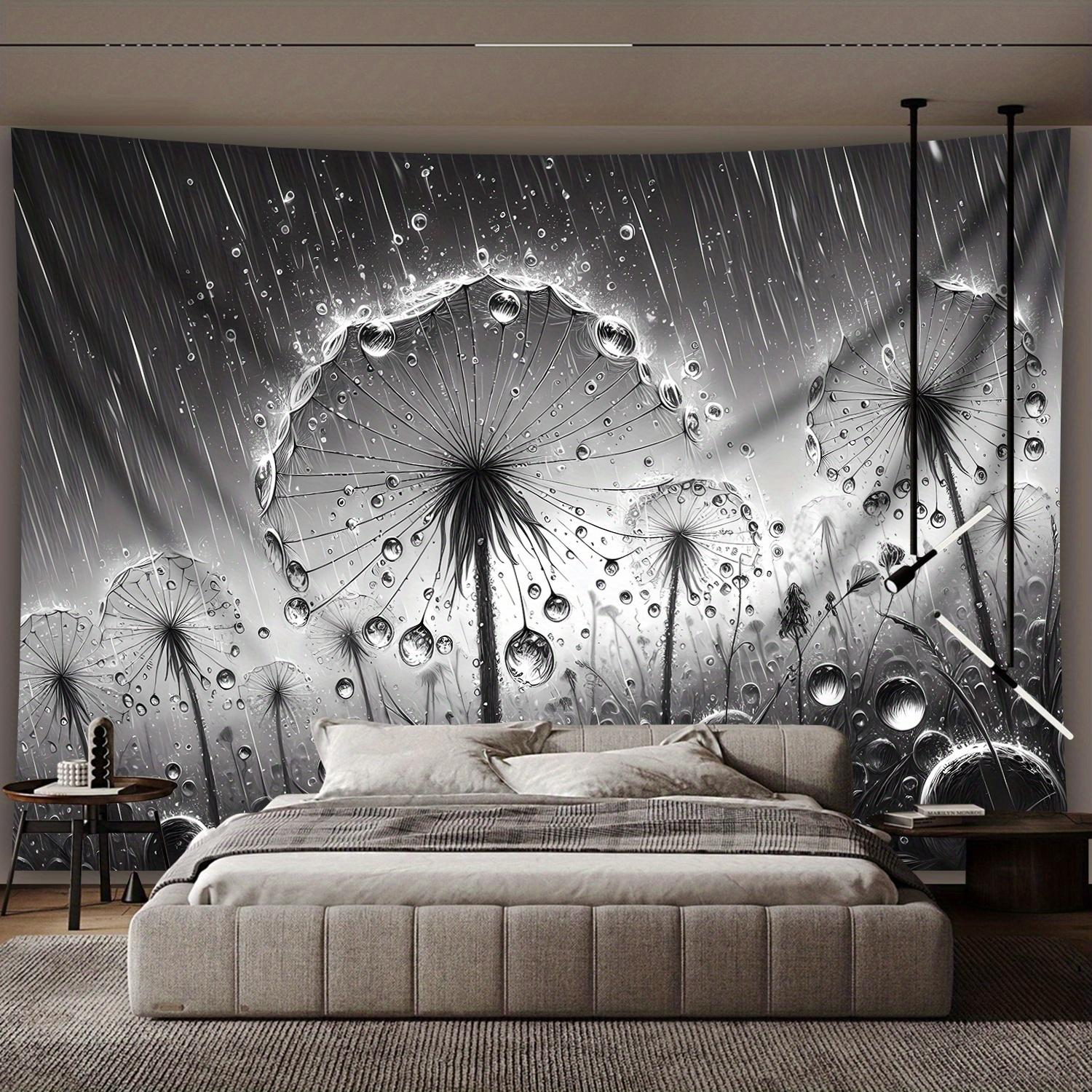 Black White Dandelion Rain Drops Wall Tapestry Monochrome Nature Art Bedroom Headboard Decor Dreamy Floral Wall Hanging Fabric 70x100cm28x39in