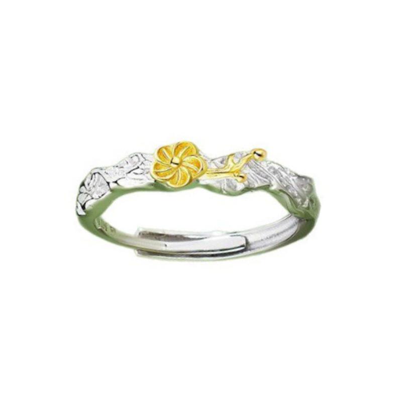 Elegant s925 Sterling Silver Open Couple Rings with Floral and Bamboo Design for Valentine s Day Adjustable Open Ring, 925 Silver