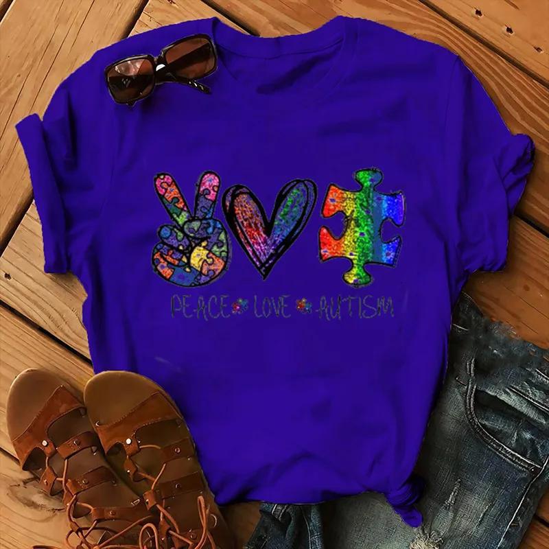 Peace Love Autism Colorful Print Women T Shirt Short Sleeve O Neck Loose Women Tshirt Ladies Tee Shirt Tops Camisetas Mujer
