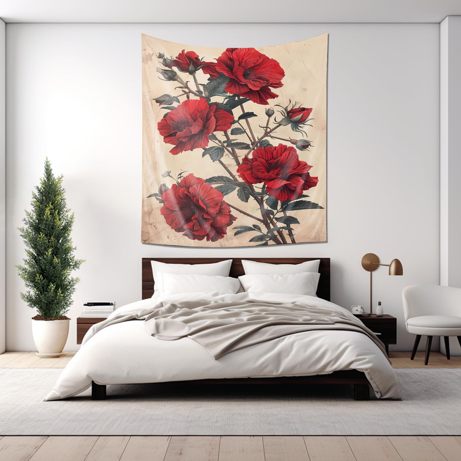 

Vintage Botanical Print Red Flower Tapestry Elegant Living Room Decor Art 74x94cm(29x37in)