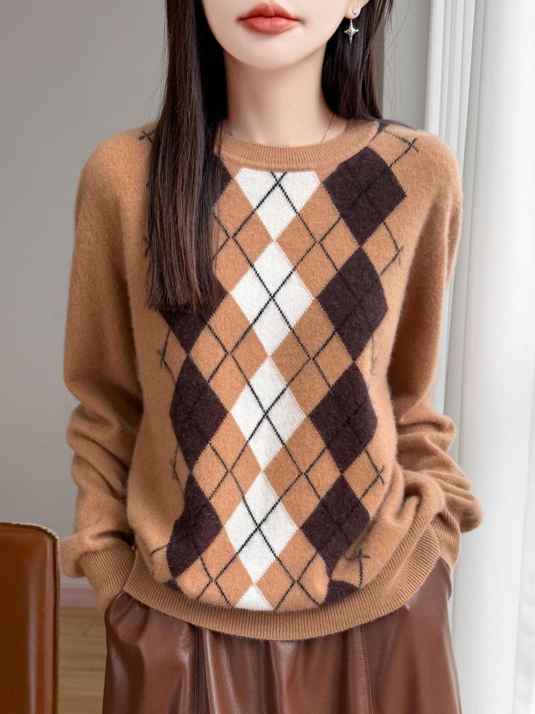 Vintage Argyle Wool Knit Sweater for Women - Slimming, Warm, Anti-Aging, Long Sleeve, Round Neck