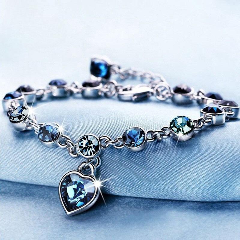 Ocean Heart Blue Crystal Bracelet for Women s Light Luxury Heart shaped Diamond Set Adjustable Women s Jewelry синий
