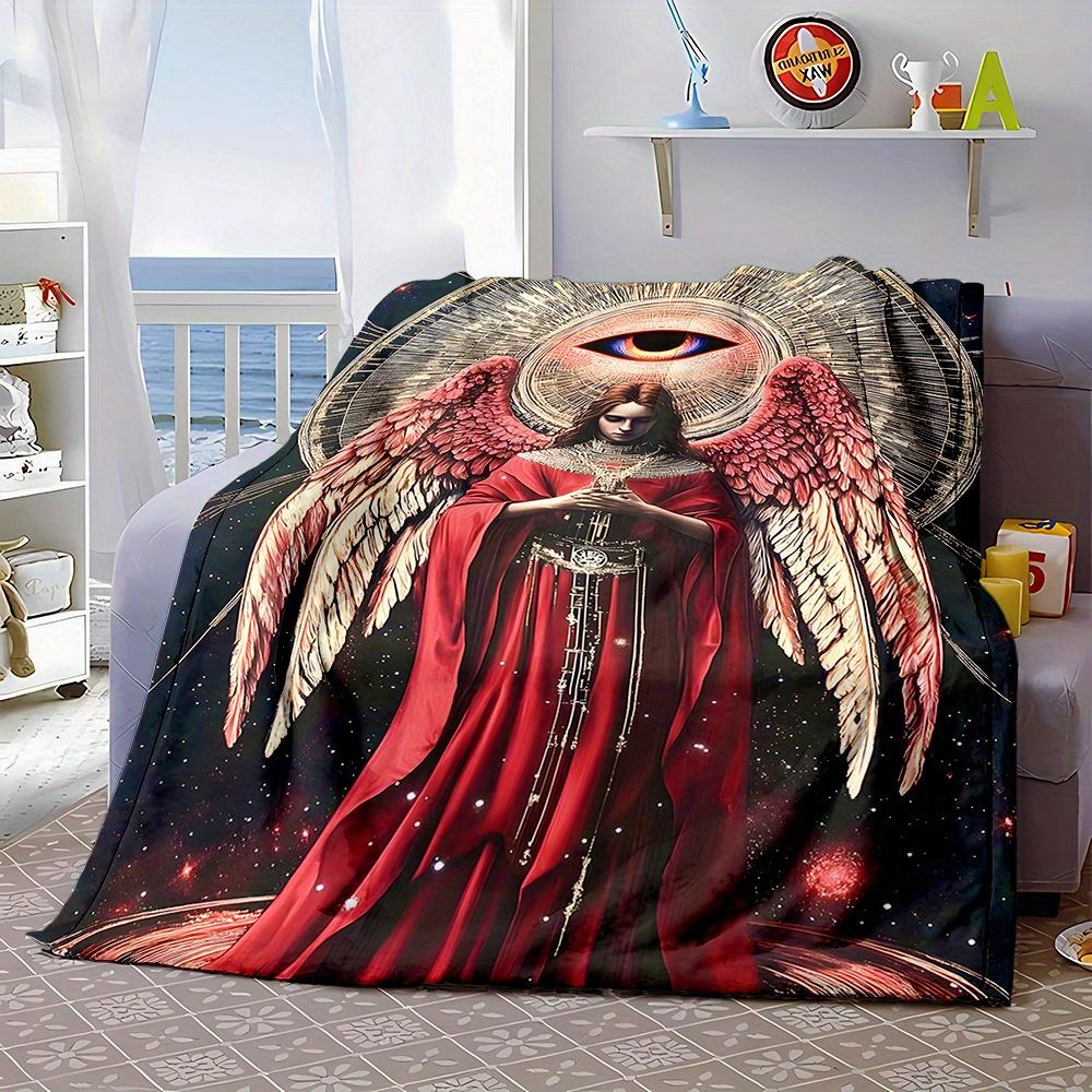 Angel with Eye Print Flannel Fleece Throw Blanket, Contemporary Style, All-Season, Fabric, Digital Print, Reversible