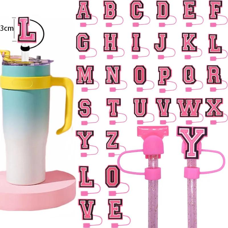 1PC Pink Letter PVC Straw Covers Cap Compatible For Most 30&40Oz Cup 10mm Straw Toppers Reusable Splash Proof Straw Caps
