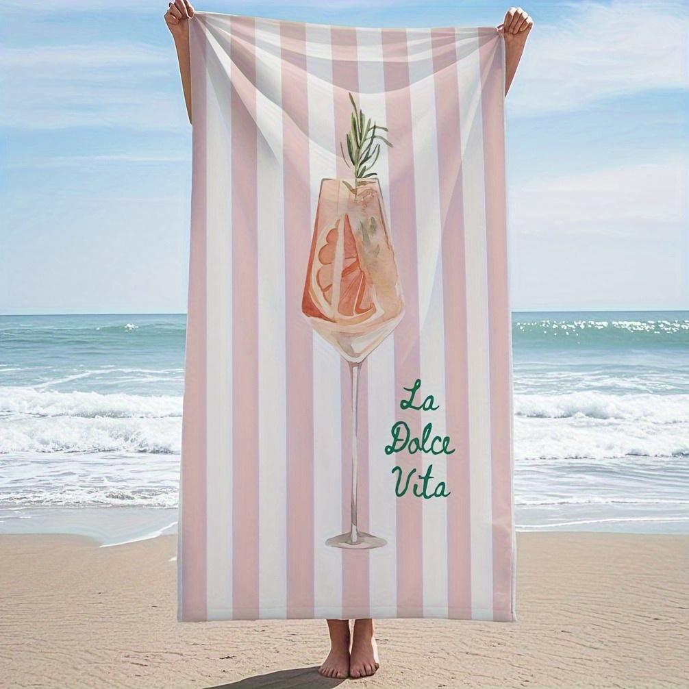 Stripes And Cocktail Print Beach Towel, Fast Drying Lightweight Sand Proof Polyester for Swimming Yoga Surfing Travel