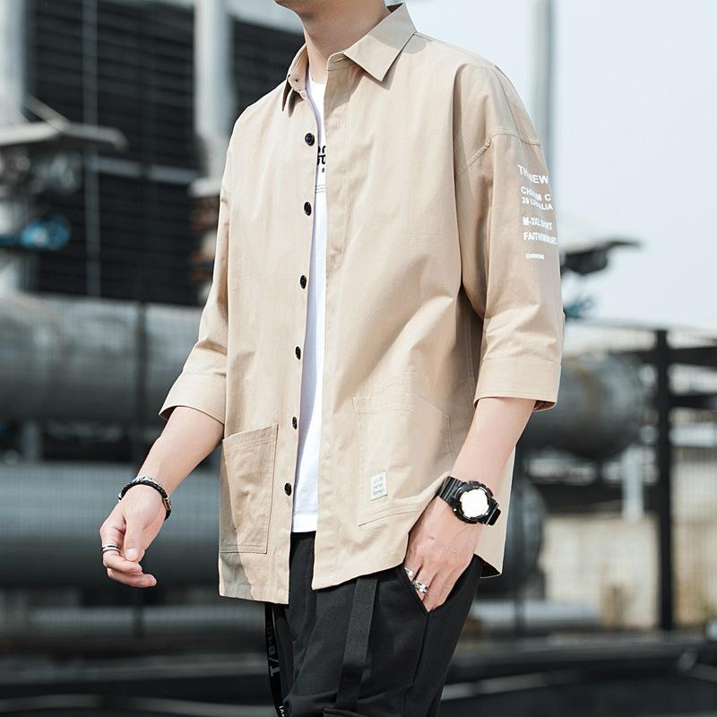 Men's Summer Lightweight 3/4 Sleeve Shirt Loose-Fit Casual Japanese-Style Workwear Shirt