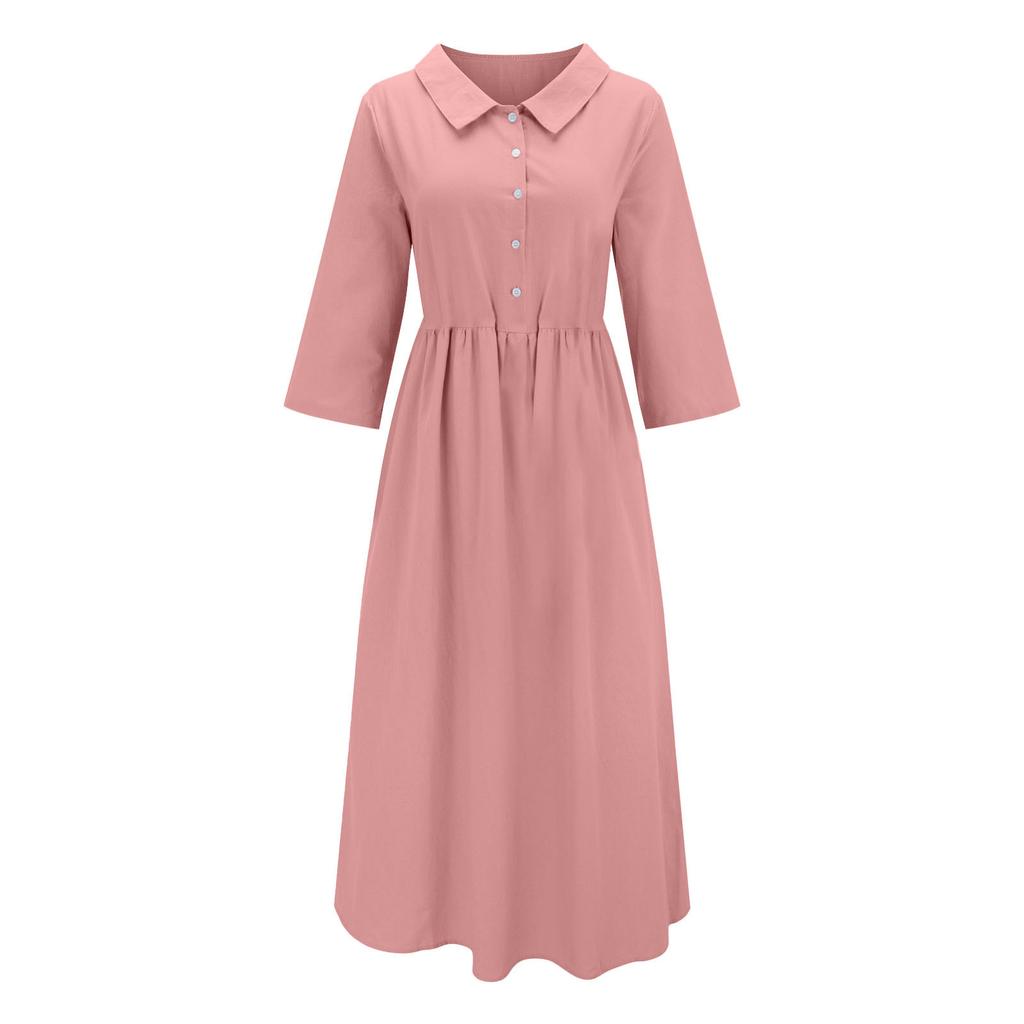 Women's Shirt Collar Button Front Midi Dress with Belt Casual A-Line Summer Dress Multiple Colors