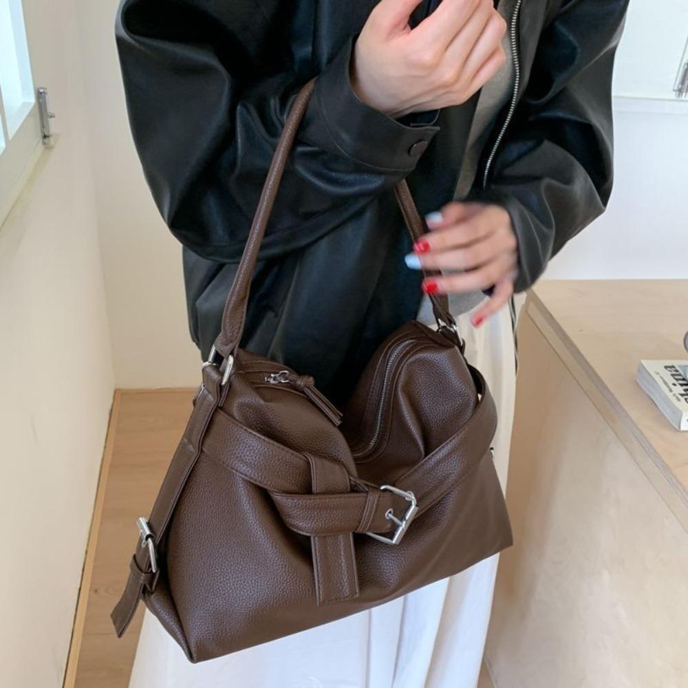 

Casual Large Capacity Shoulder Bag Black Soft Leather Motorcycle Handbag Underarm Crossbody Bag Women кофейный