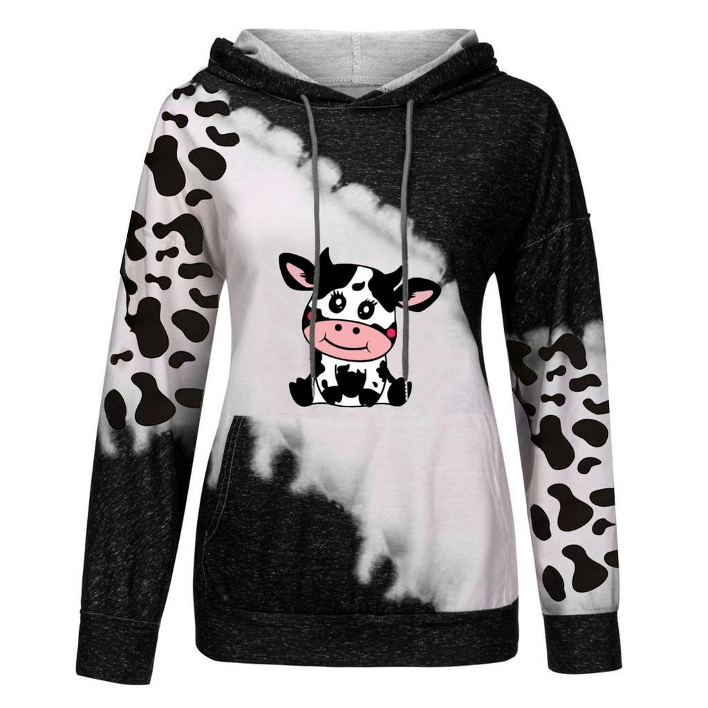 Women's Cute Cow Print Sweatshirt Long Sleeve Hooded Casual Tops Shirts