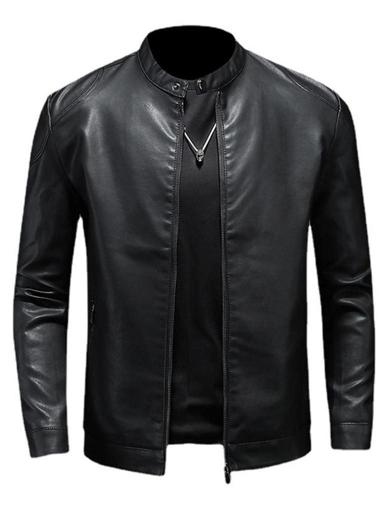 Men's PU Leather Motorcycle Jacket, Casual Retro Stand Collar Outerwear