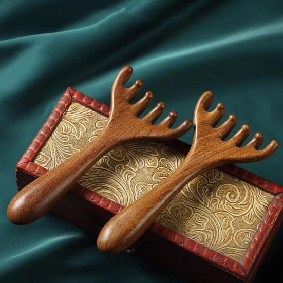 Deer Antlers Meridian Massage Comb with Storage Bag Long Handle Sandalwood Scalp Massager Comb Six-Claw Wide Tooth Body Massage Guasha Scrubber Tool