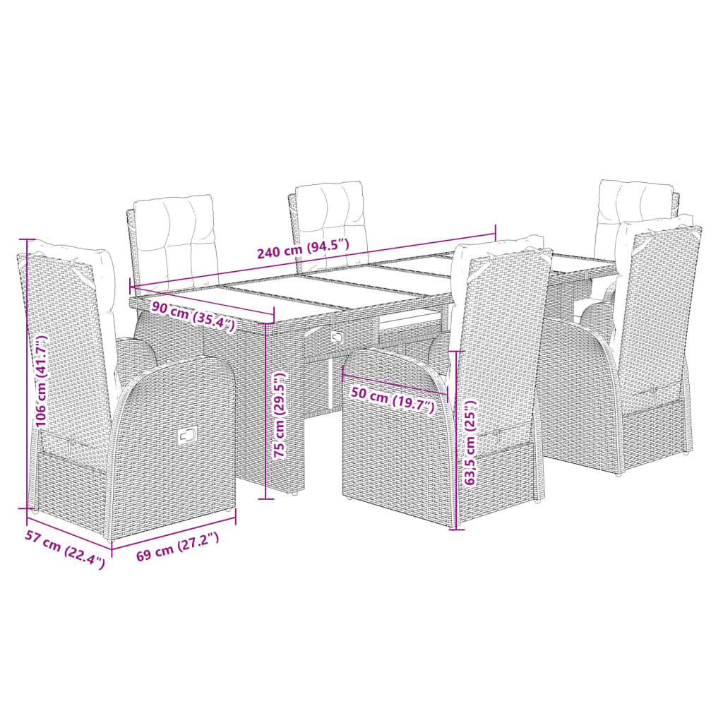 Vidaxl 7-Cz. Garden Furniture Set With Cushions, Black, Poly Rattan