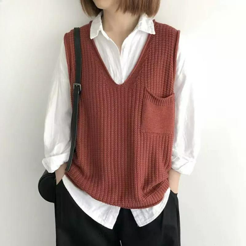 Spring and Autumn Solid Color V-neck Literary Knitted Vest Vest Large Size Fat Mm Stacked Sweater Waistcoat