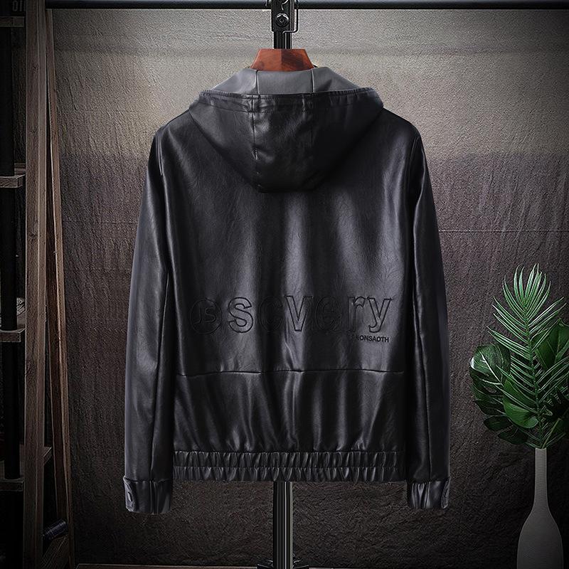 Autumn and Winter New Men's Leather Jacket Fashionable Hooded PU Leather Jacket Coat Simple Solid Color Blue Men's Clothing