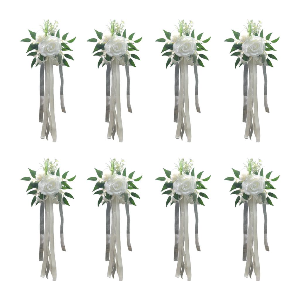 6 Stück elegante weiße künstliche Blumenstuhldekorationen, Bänke, Kirchenbänke, Blumen mit Bändern für Hochzeitsgang, Party-Versorgung