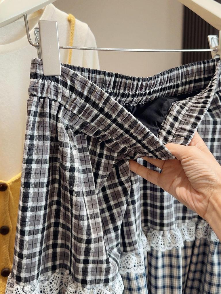2026 Spring/Summer Retro Plaid Patchwork A-line Long Skirt with Lace Trim for Women