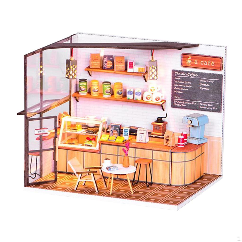 Dollhouse Miniature with Furniture Ornaments, DIY Wooden Cafe Doll , 1:24 Scale Coffee Shop Mini