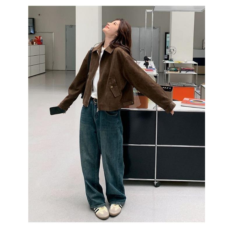 Vintage Brown Suede Moto Jacket Women Short Style Trendy Coat