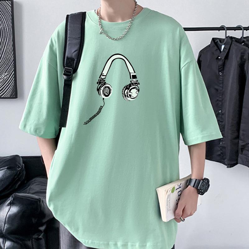 Earphone Pattern Men's Oversized Drop Shoulder T-Shirt 100% Cotton Streetwear Tee