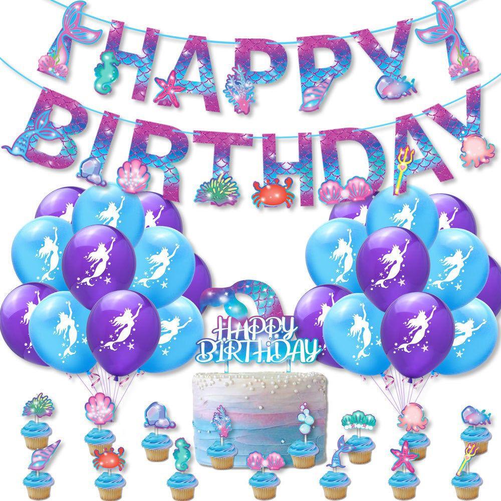 Mermaid-Themed Party Decoration Set: Ocean Mermaid Birthday Banner, Cake Topper, and Balloon Decorations