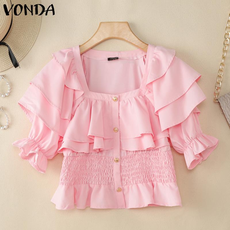

VONDA Summer Women Square Collar Puff Sleeve Ruffled Casual Texture Cropped Blouse S рожевий