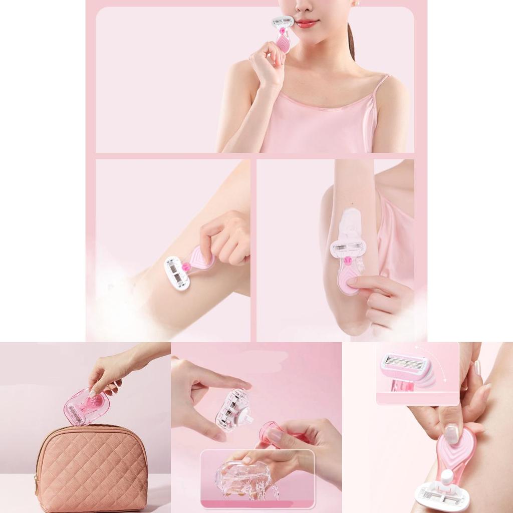 Manual Women's Razor With Five-blade Technology In Peach Pink Short Handle Includes One Razor Handle One Blade Head And Storage Case