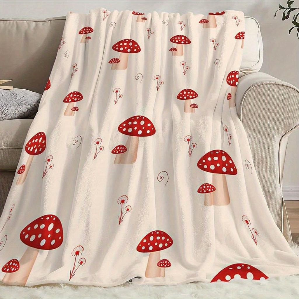 1pc Easy Style Flannel Blanket And Red Mushroom Pattern Plush Throw Blanket, Suitable for All Seasons, Great for Sofa, Bedroom,