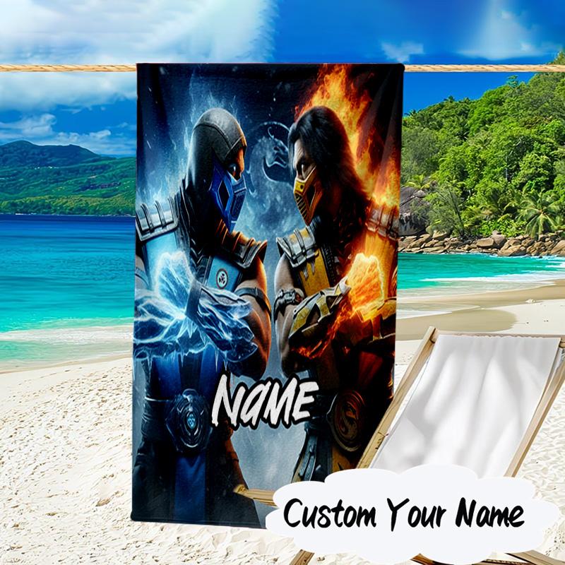 Custom Name Thunderous Warrior's Kombat Microfiber Beach Towel Super Soft & Absorbent for Bath, Beach, Travel Bath Time Accessory, Fan Gifts
