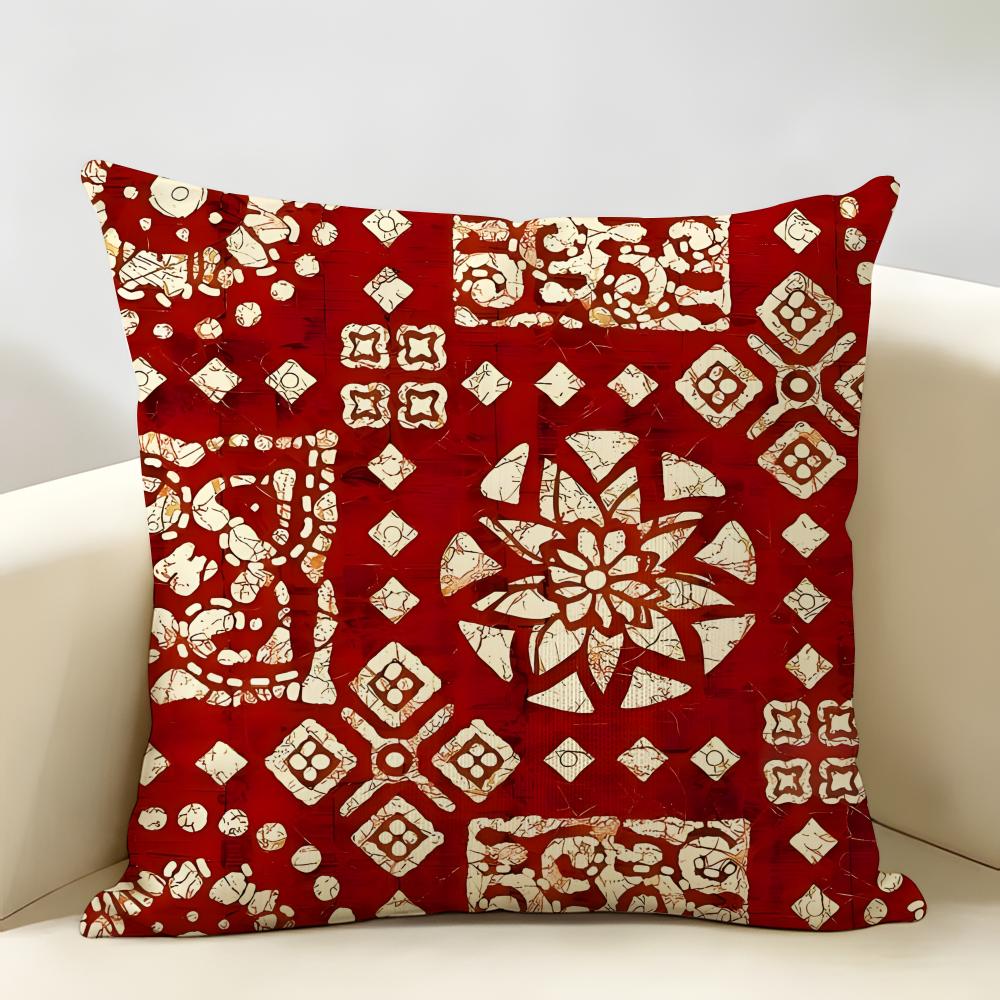 Red Bohemian Style Cushion Cover Natural Linen Organic Fabric Double-Sided Printing Breathable Perfect For Home Decor